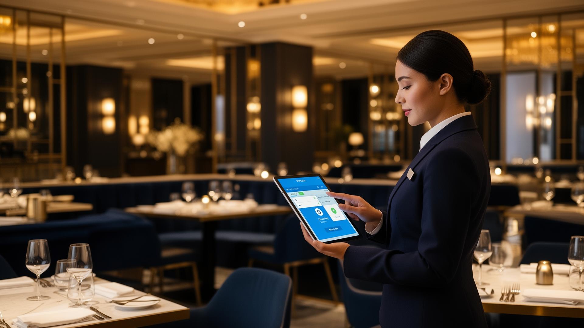Hospitality staff using a digital onboarding system in a modern restaurant